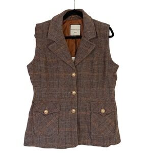 Bagatelle Collection NWT Brown Herringbone Wool Blend Vest Gold Crest Buttons XL